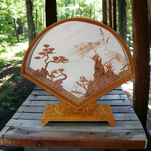 Asian Cork Peacocks Diorama Shadow Box Sculpture Hand Carved Gold Tone Frame Vtg - Picture 13 of 16